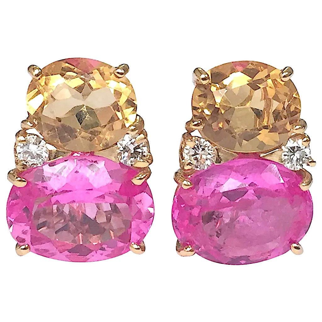 Large GUM DROP™ Earrings with Hot Pink and Deep Blue Topaz and Diamonds
