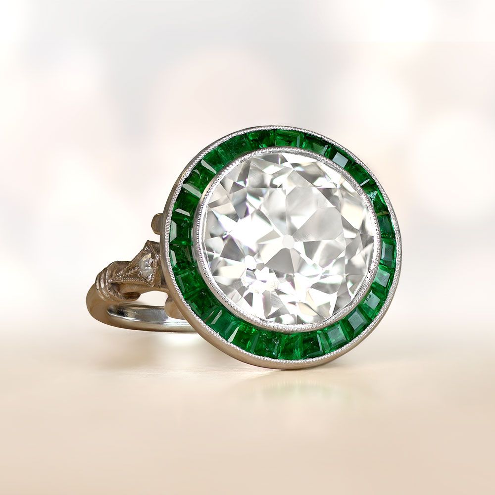 Platinum European cut Diamond and Emerald Ring