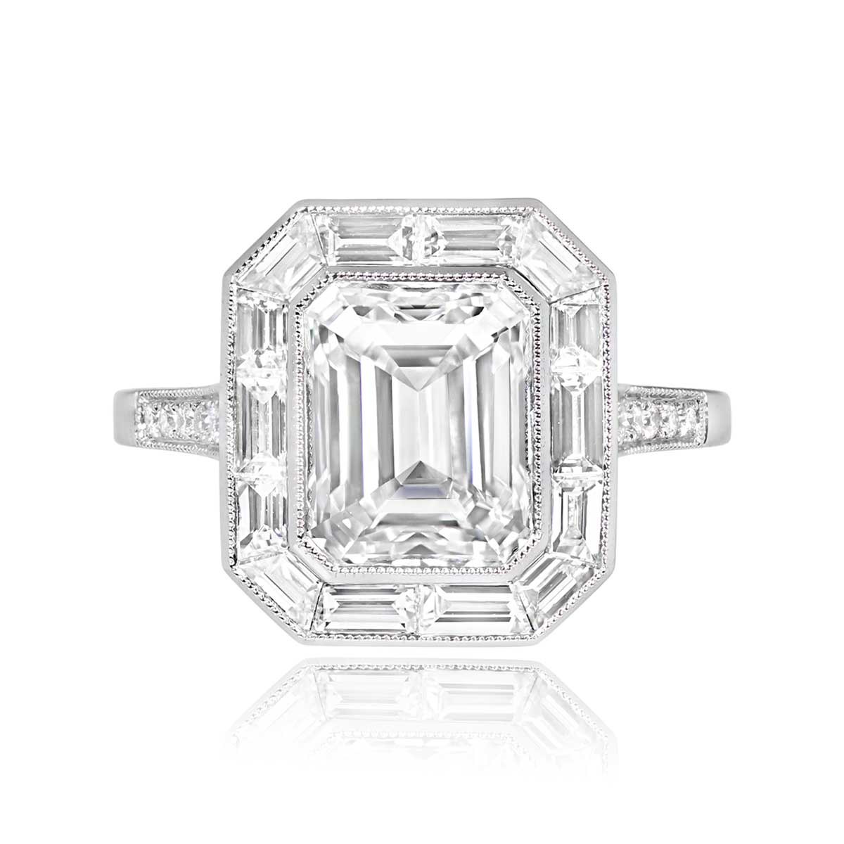 Platinum European cut Diamond and Emerald Ring