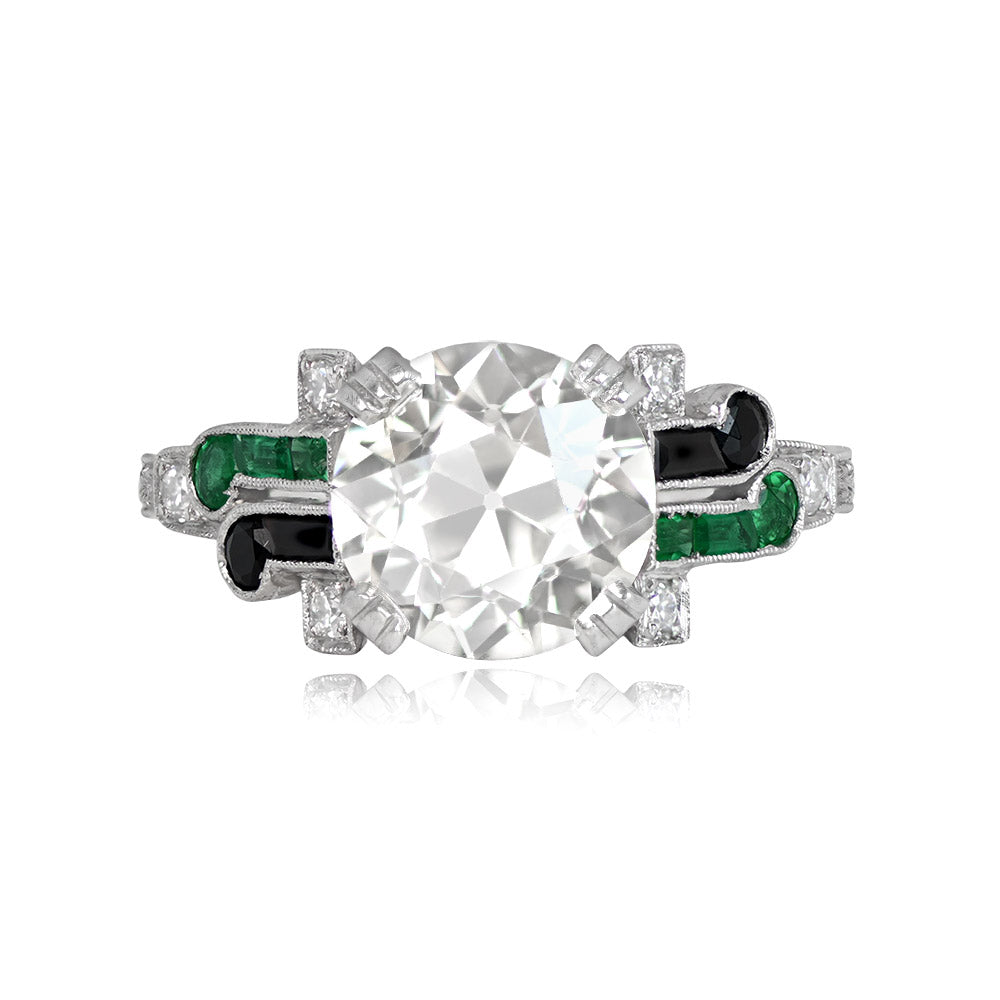 Platinum European cut Diamond and Emerald Ring
