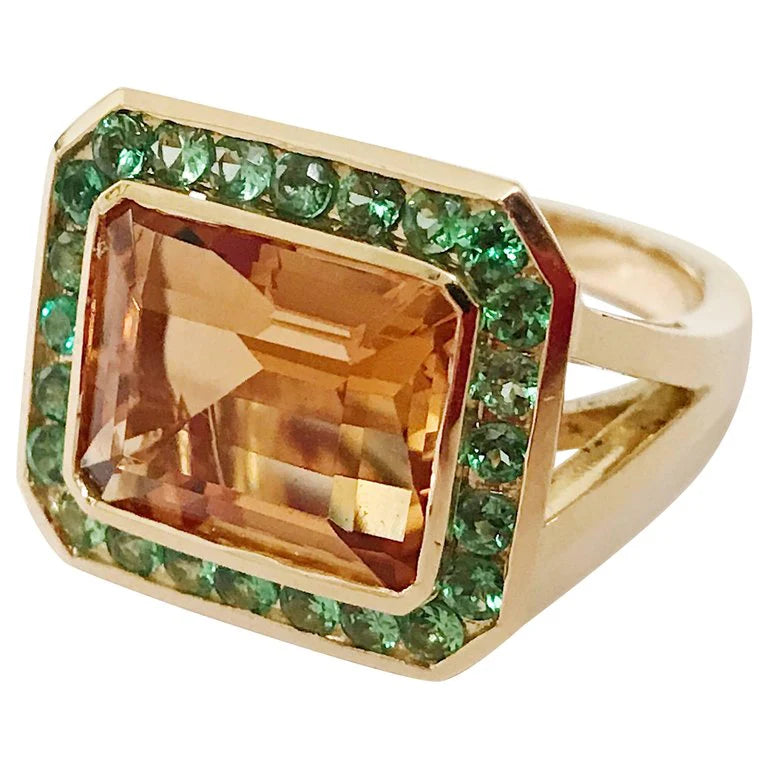 18kt Yellow Gold Mini Emerald Cut Ring with Blue Topaz and Peridot