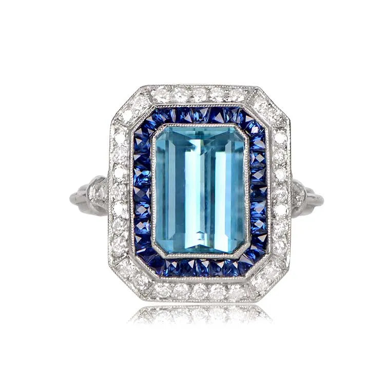 Platinum European cut Diamond and Emerald Ring