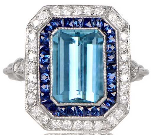 Platinum European cut Diamond and Emerald Ring
