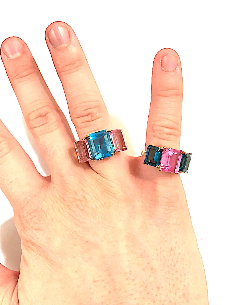 18kt Yellow Gold Mini Emerald Cut Ring with Blue Topaz and Peridot