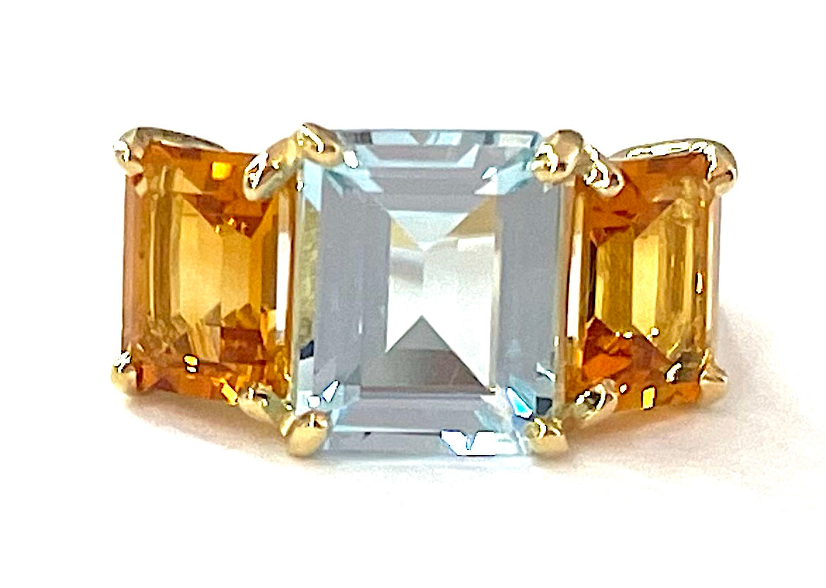18kt Yellow Gold Mini Emerald Cut Ring with Blue Topaz and Peridot