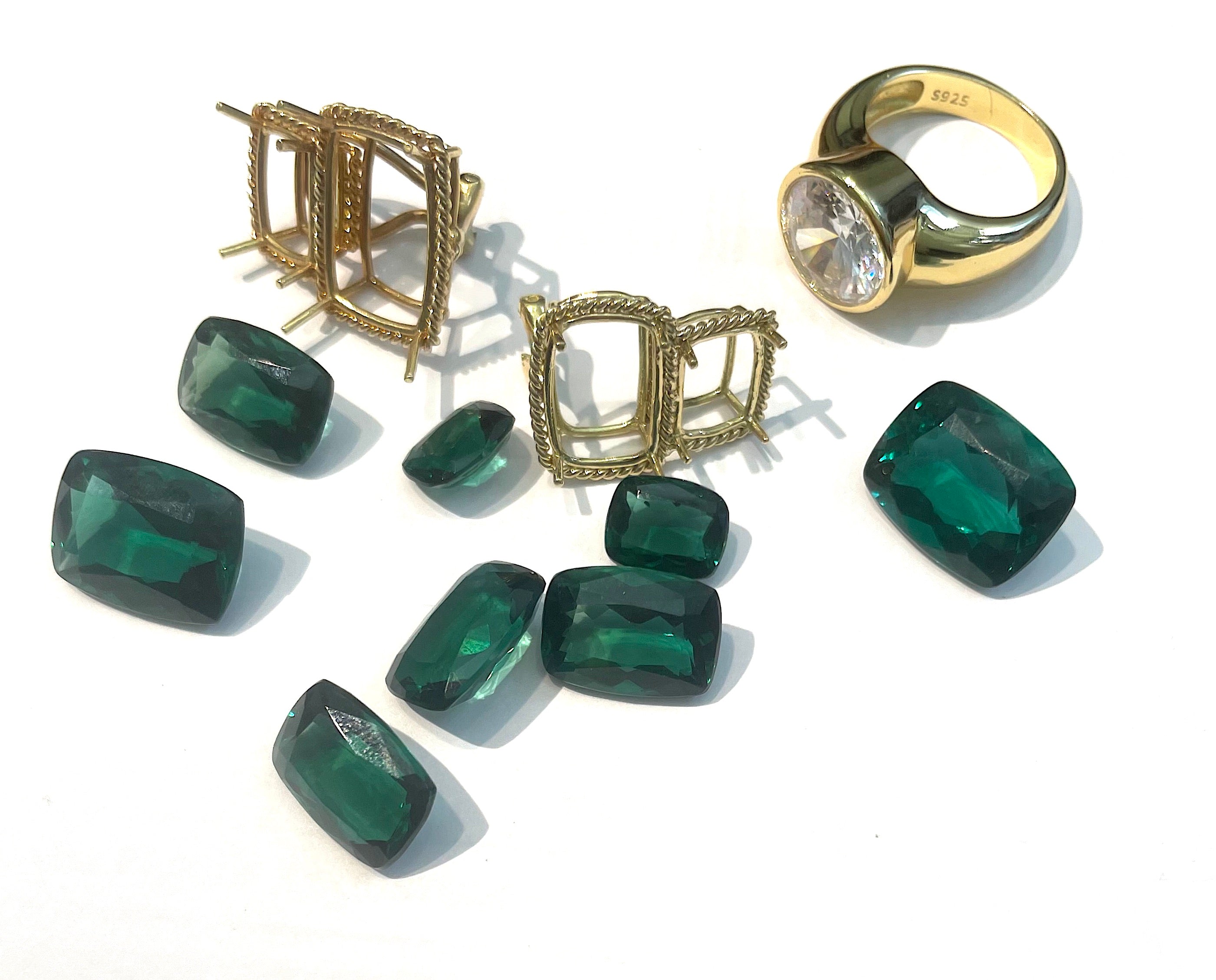 18kt Yellow Gold Cushion Cut Earring with Rope Twist Border with Blue Topaz and Green Quartz