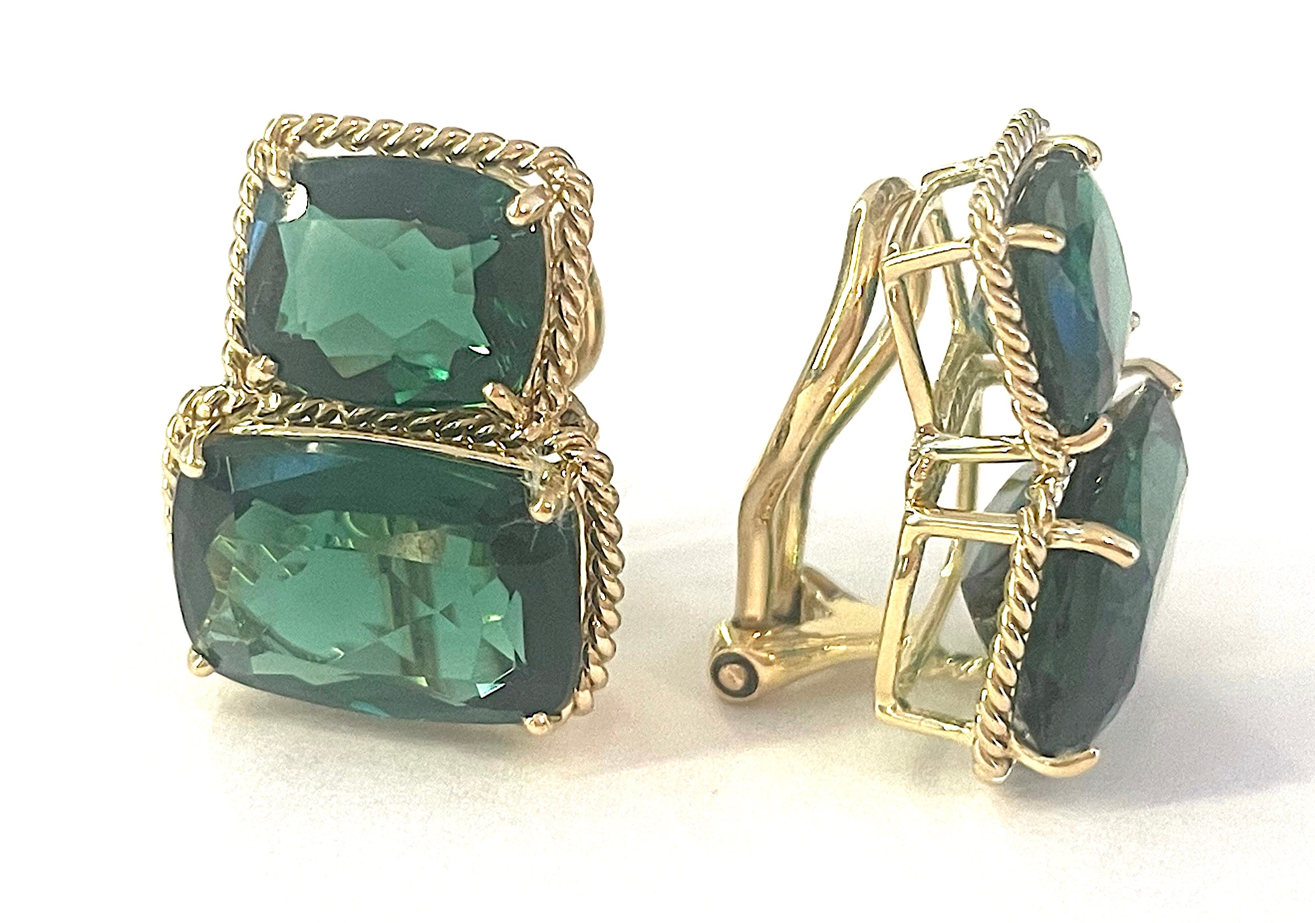 18kt Yellow Gold Cushion Cut Earring with Rope Twist Border with Blue Topaz and Green Quartz