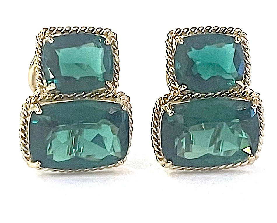 18kt Yellow Gold Cushion Cut Earring with Rope Twist Border with Blue Topaz and Green Quartz