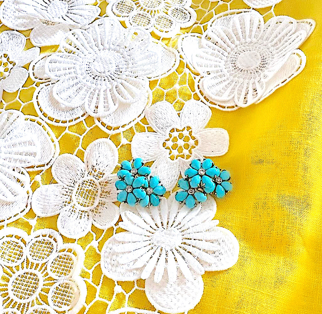 Turquoise Flower Diamonds Cluster Earrings
