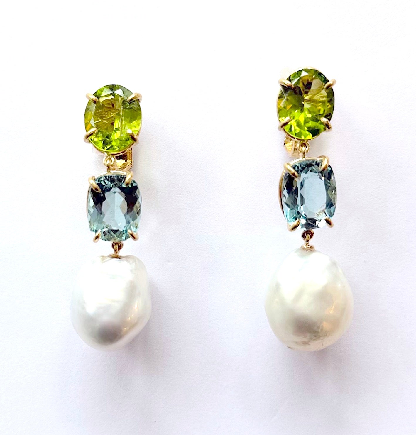 Three-Stone Drop Earring with Peridot Aquamarine South Sea Pearl