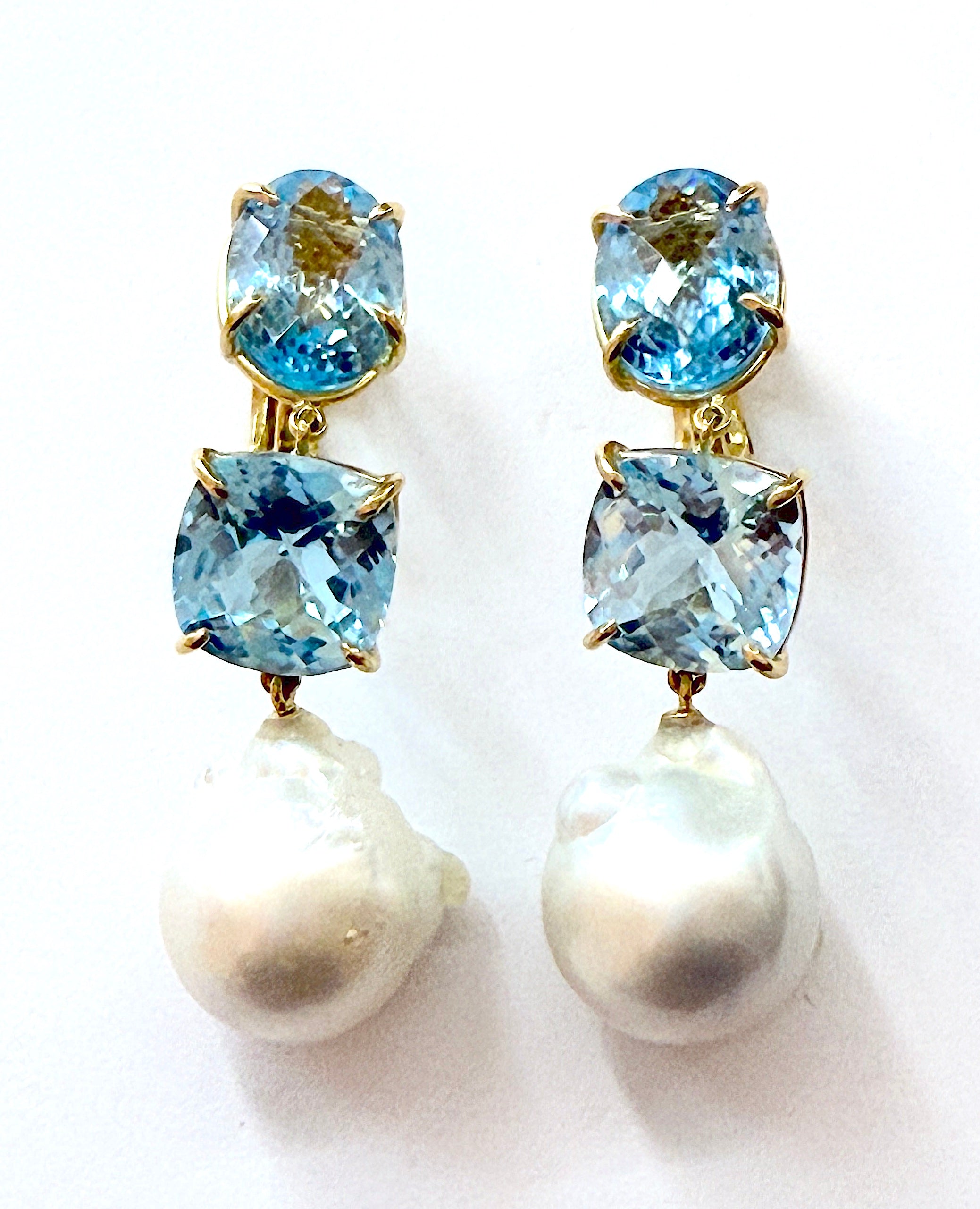 Elegant Three-Stone Drop Earring with Blue Topaz and Baroque Pearl