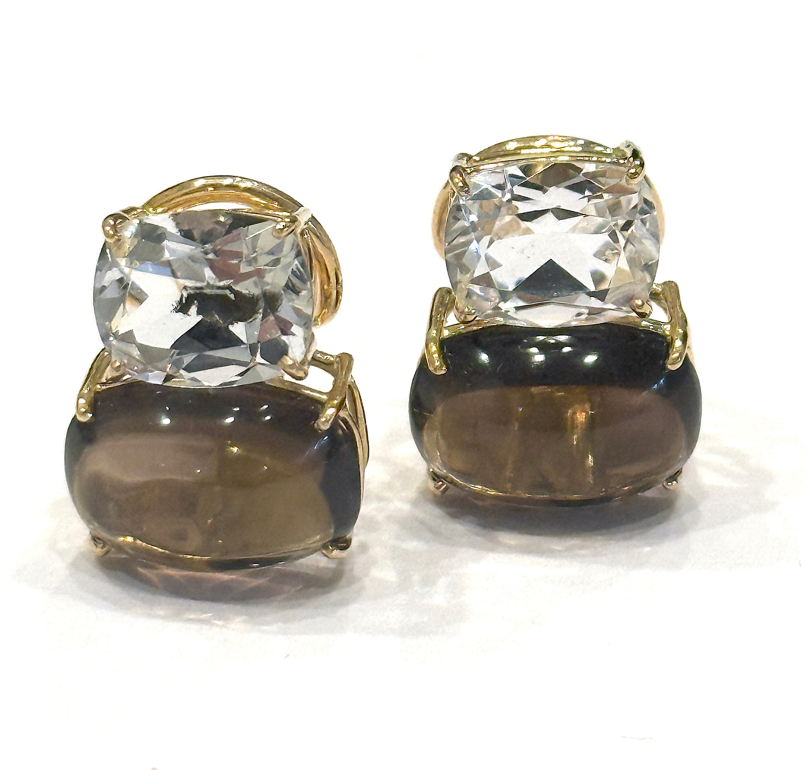 Yellow Gold Double Cushion Earrings with Rock Crystal and Smoky Topaz
