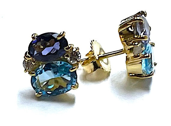 Large GUM DROP™ Earrings with Blue Topaz and Cabochon Smoky Topaz and Diamonds