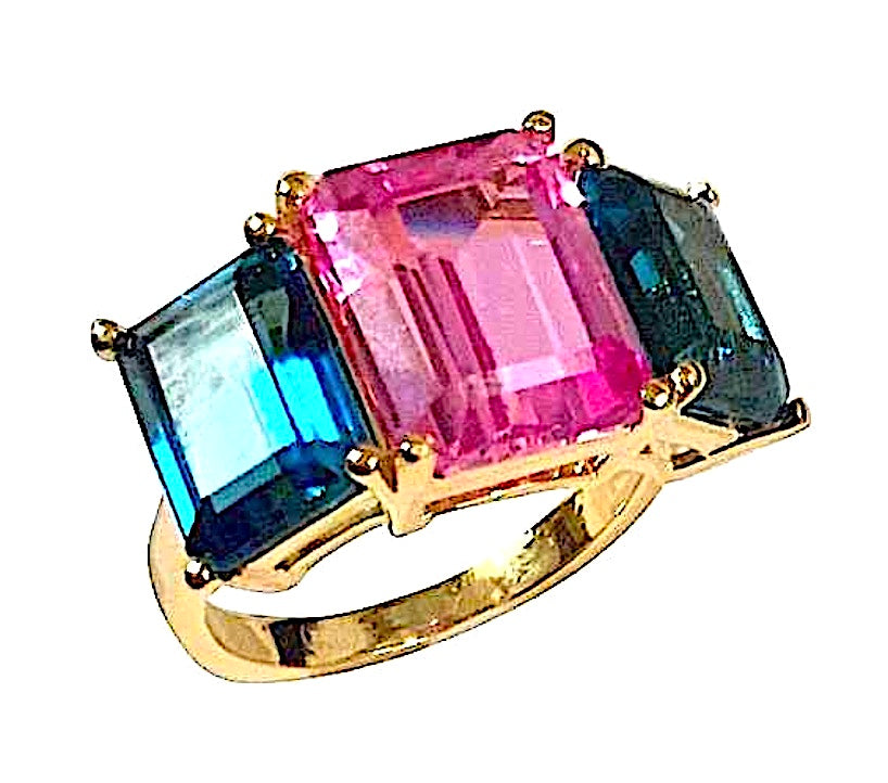 18kt Yellow Gold Mini Emerald Cut Ring with Blue Topaz and Peridot