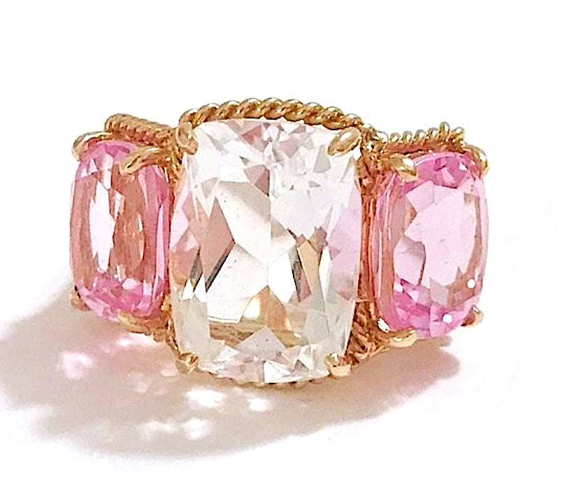 18kt Yellow Gold two tone Pink Topaz Three Stone Ring with Rope Twist Border