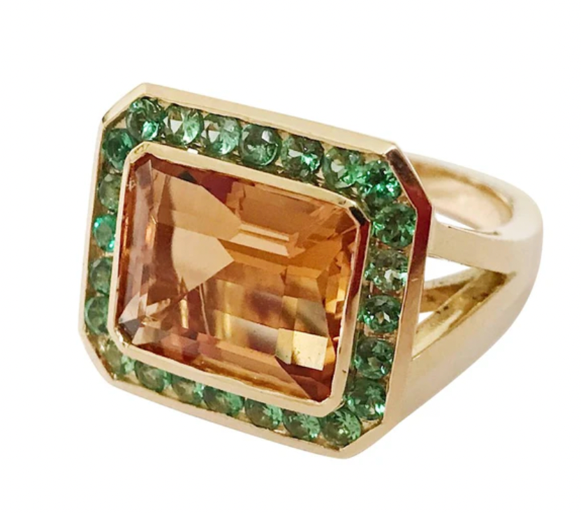 18kt Yellow Gold Mini Emerald Cut Ring with Blue Topaz and Peridot