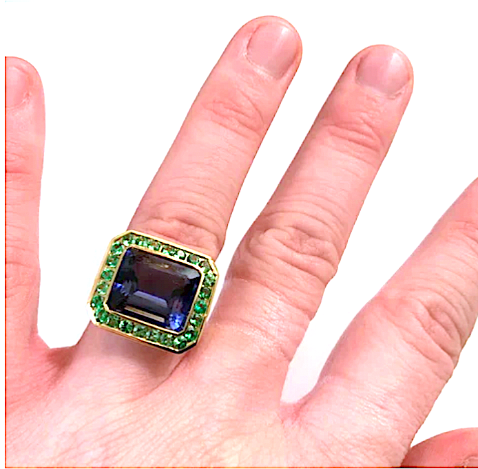 18kt Yellow Gold Mini Emerald Cut Ring with Blue Topaz and Peridot