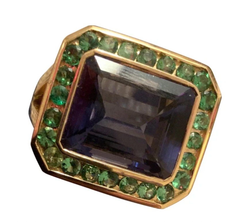 18kt Yellow Gold Mini Emerald Cut Ring with Blue Topaz and Peridot