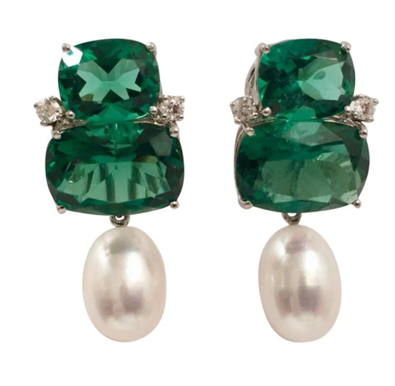 18kt Yellow Gold Cushion Cut Earring with Rope Twist Border with Blue Topaz and Green Quartz