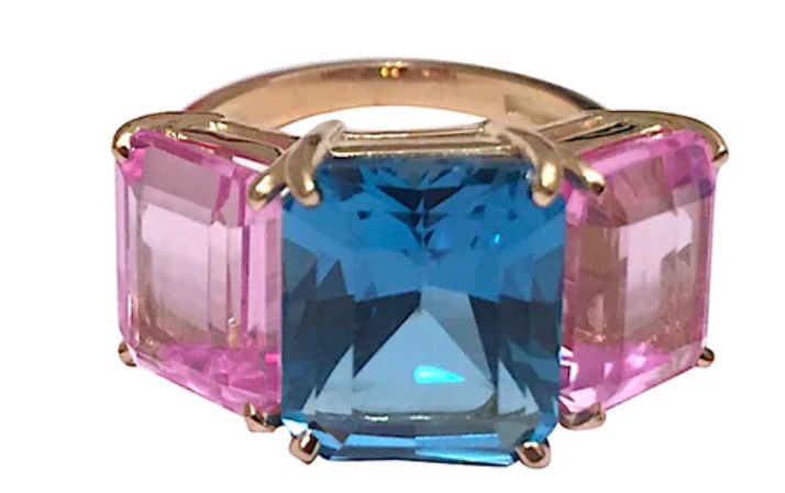 18kt Yellow Gold Mini Emerald Cut Ring with Blue Topaz and Peridot