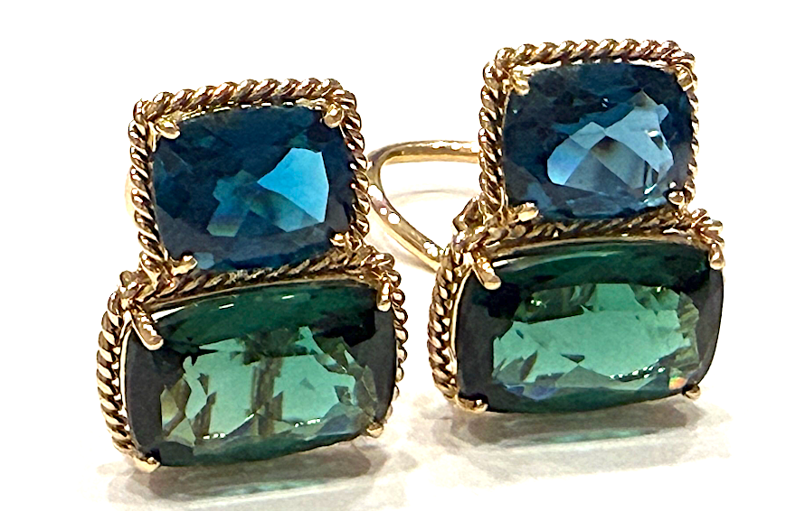 18kt Yellow Gold Cushion Cut Earring with Rope Twist Border with Blue Topaz and Green Quartz