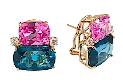 Double Cushion Pink and Blue Topaz Stone Diamond Yellow Gold Earrings