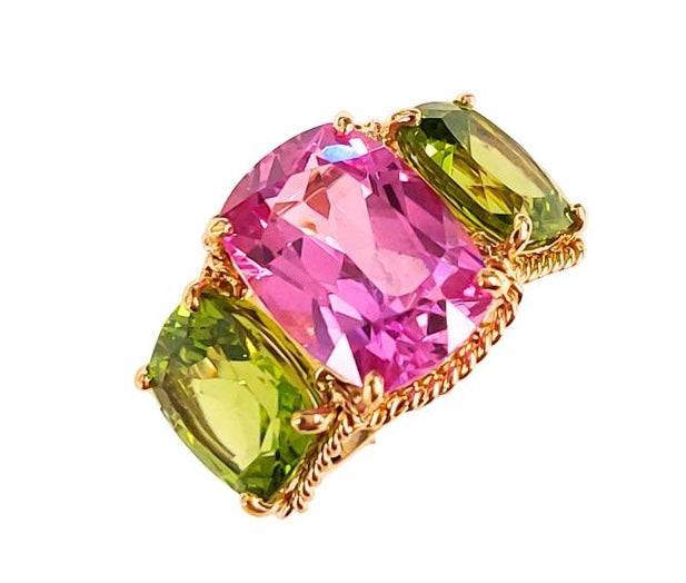 Elegant Three-Stone Ring with Gold Rope Twist Border