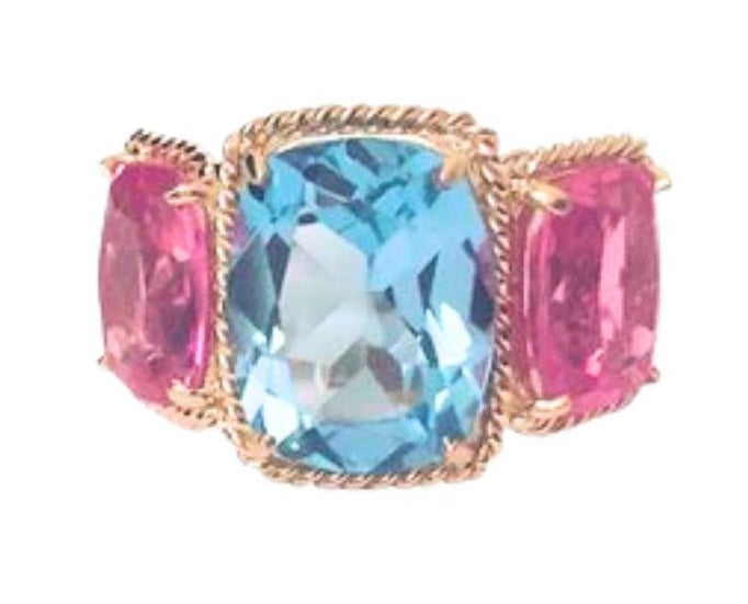 Elegant Three-Stone Ring with Gold Rope Twist Border with Blue Topaz and Pink Topaz