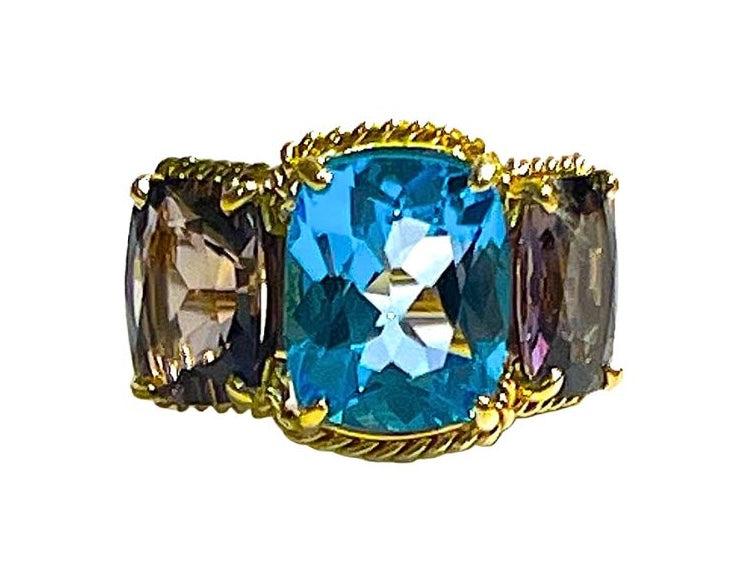 Blue Topaz and Iolite Three Stone Ring with Rope Twist Border