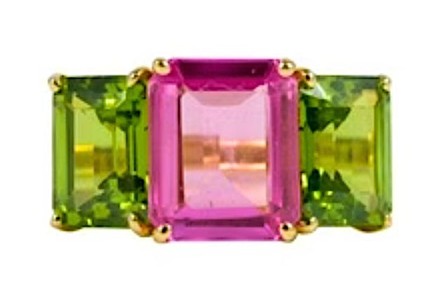 18kt Yellow Gold Emerald Cut Ring with Peridot and Pink Topaz
