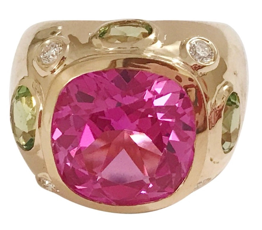 18kt Yellow Gold Mini Emerald Cut Ring with Blue Topaz and Peridot