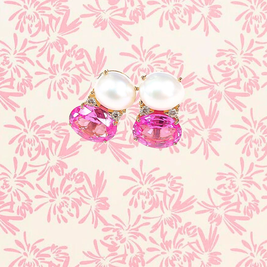 Large GUM DROP™ Earrings with Pearls and Pink Topaz and Diamonds