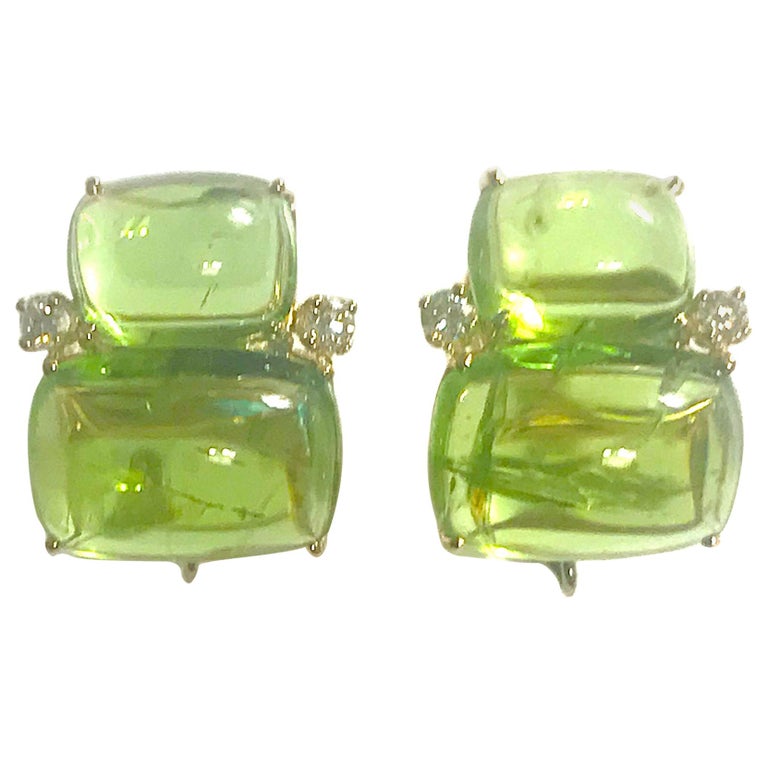 18Kt Yellow Gold Cushion Cut Cabochon Peridot Earrings with Diamonds