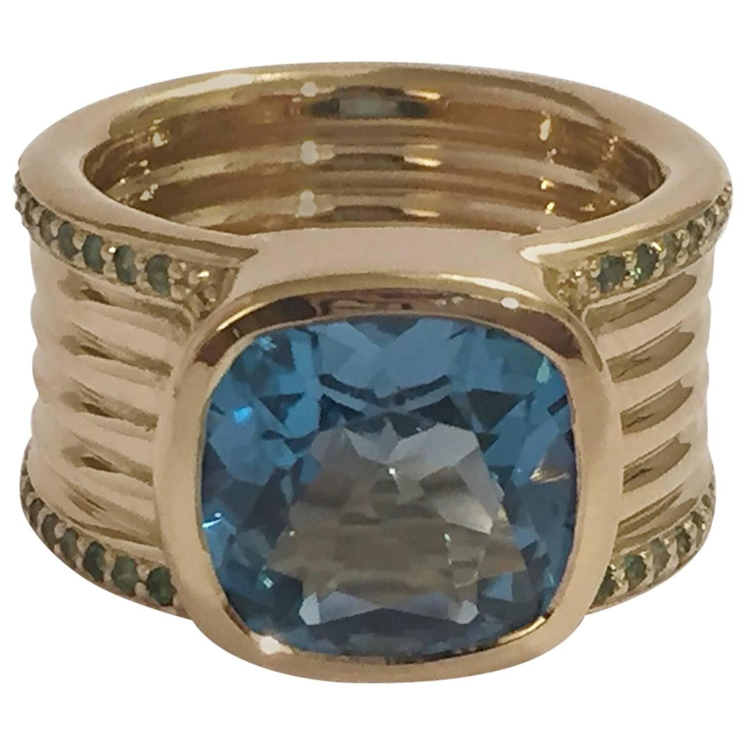 Blue Topaz Green Garnet Gold Cigar Band Ring