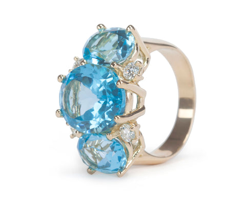 18kt Yellow Gold Medium Gum Drop three stone Ring with Blue Topaz Diamonds