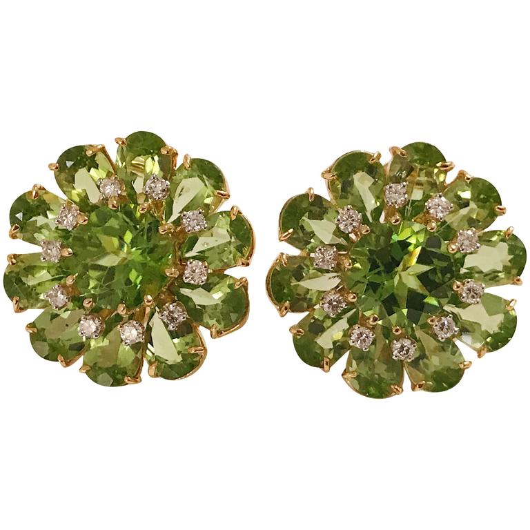 Peridot Diamonds Gold Flower Earrings