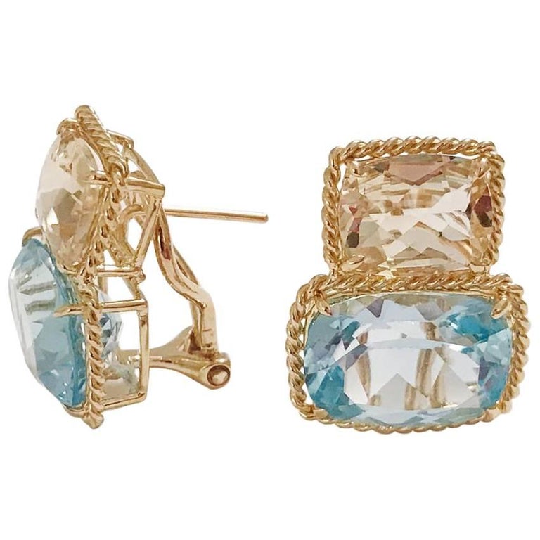 18kt Yellow Gold Cushion Cut Earring with Rope Twist Border with Blue Topaz and Green Quartz