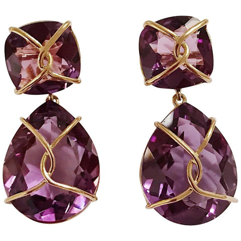 Large 18kt Yellow Gold Abalone Cushion and pear shaped Drop Earrings with Twisted Gold Detail