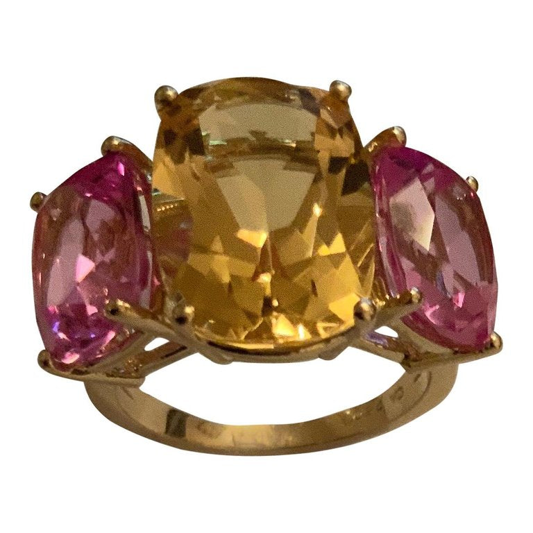 Citrine and Pink Topaz Yellow Gold Three-Stone Cushion Ring