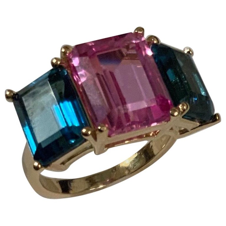 18kt Yellow Gold Mini Emerald Cut Ring with Pink Topaz and Blue Topaz