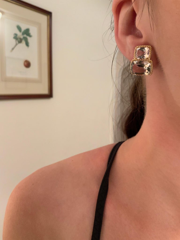 18kt Yellow Gold Cushion Cut Earring with Rope Twist Border with Blue Topaz and Green Quartz