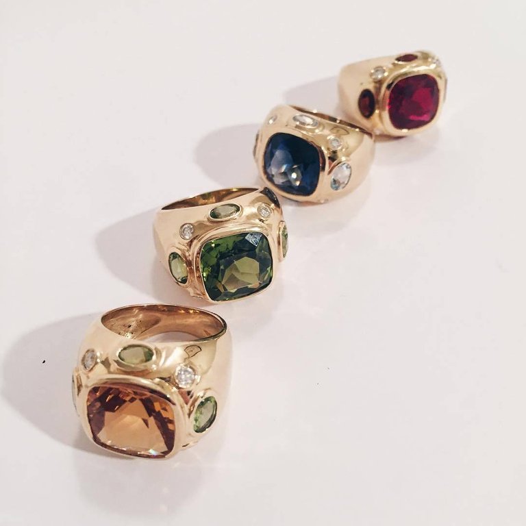 Bonheur Ring, Dark Blue Topaz, Peridot, Blue Topaz and Diamond Domed Ring