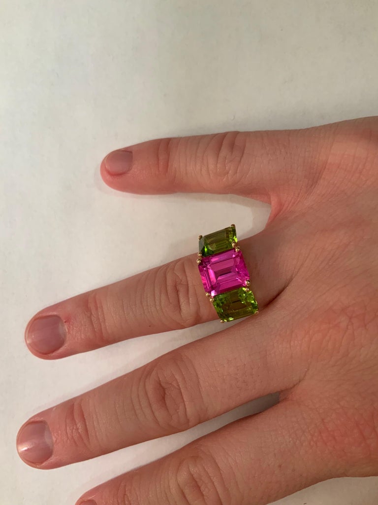18kt Yellow Gold Mini Emerald Cut Ring with Blue Topaz and Peridot