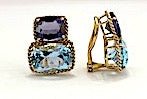 18kt Yellow Gold Cushion Cut Earring with Rope Twist Border with Blue Topaz and Green Quartz
