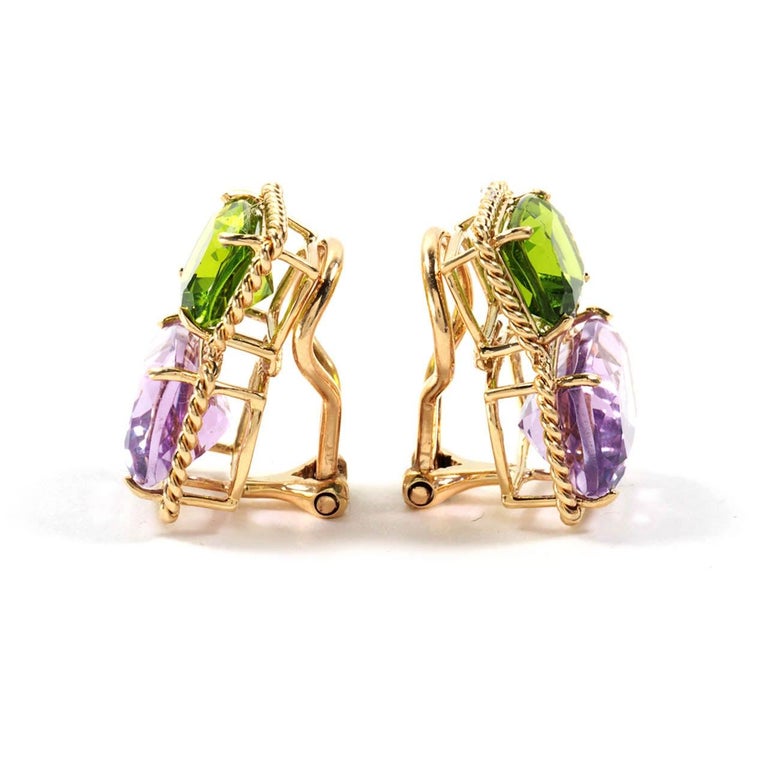 18kt Yellow Gold Cushion Rope Twist Border Earring with Citrine and Smoky Topaz