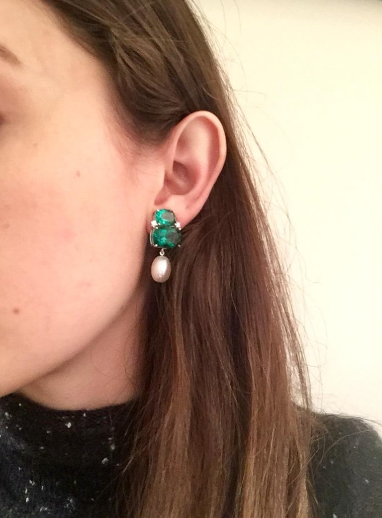 Double Cushion Green Quartz Earrings with Detachable Pearls