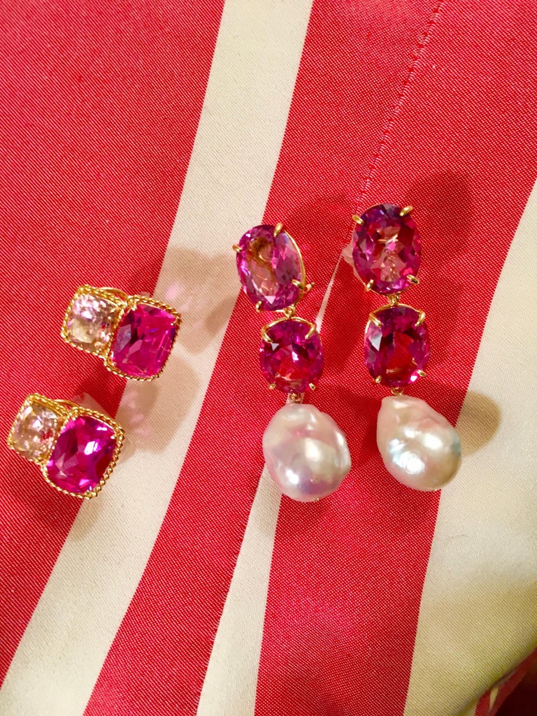 18kt Yellow Gold Medium Double Cushion Cut Earring with Rope Twist Border with Kunzite and Green Amethyst