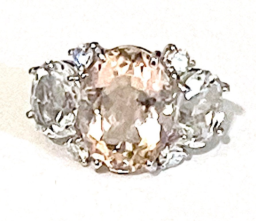 White Gold Blue Topaz and Iolite Three Stone Ring with Rope Twist Border