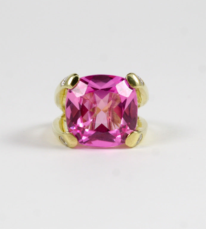 Faceted Cushion Cut Pink Topaz Dome Ring with Diamonds