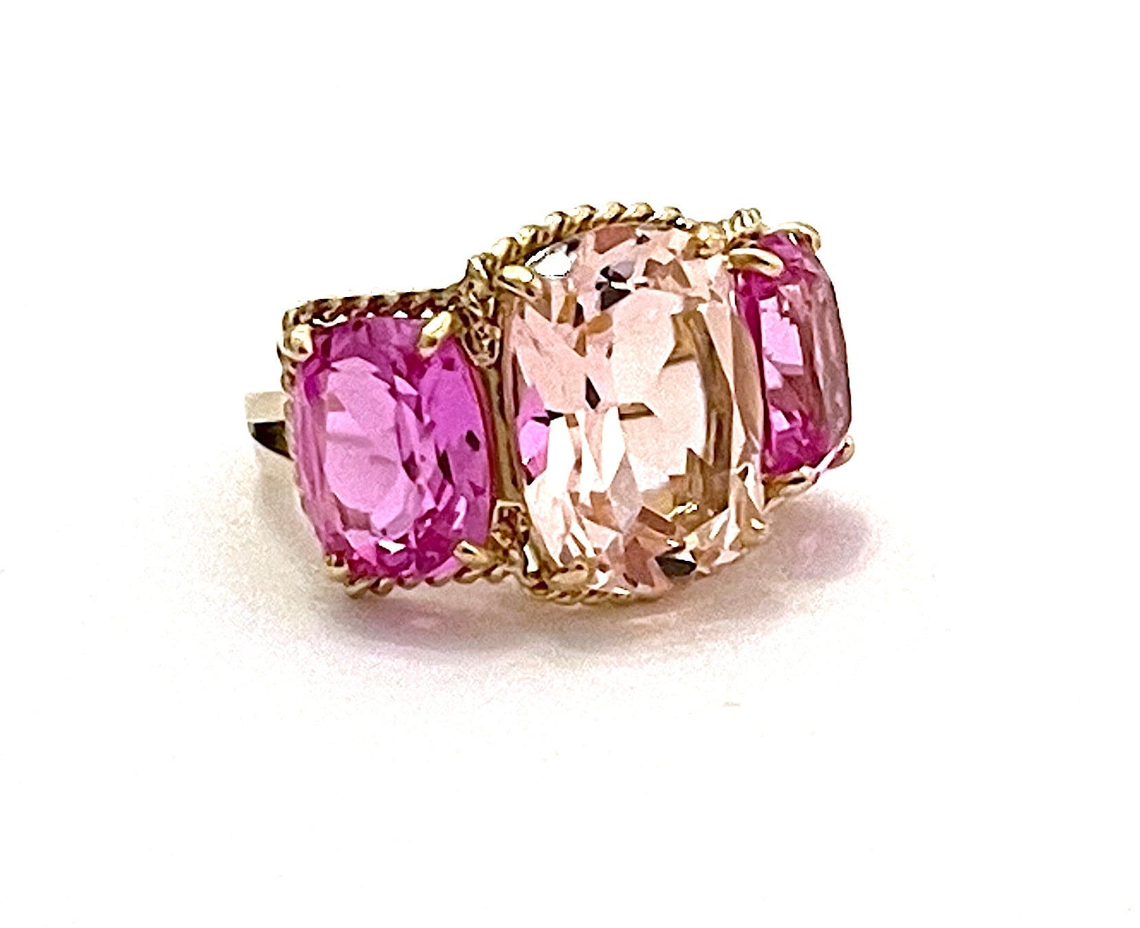 18kt Yellow Gold Three Stone Ring with Pink Topaz and Blue Topaz and Rope Twist Border